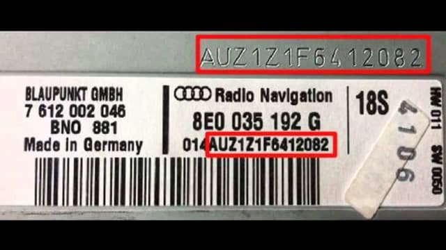 Audi magnetolos etiketė ir serijos numerio pavyzdys 1