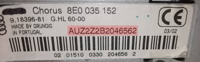 Audi magnetolos etiketė ir serijos numerio pavyzdys 5