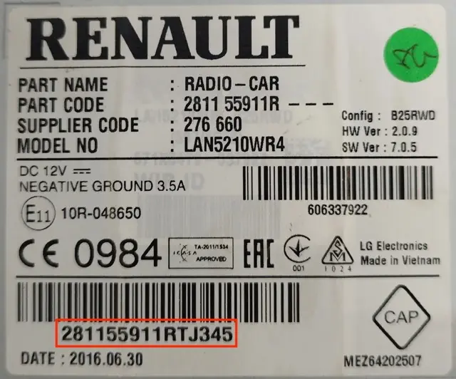 Renault LG magnetolos etiketė – 281155911RTJ345 serijos numeris