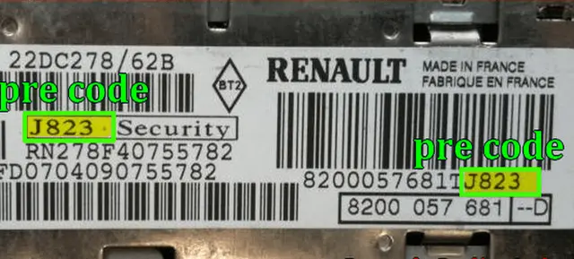 Renault magnetolos etiketė – J823 pre-code / Security kodo pavyzdys
